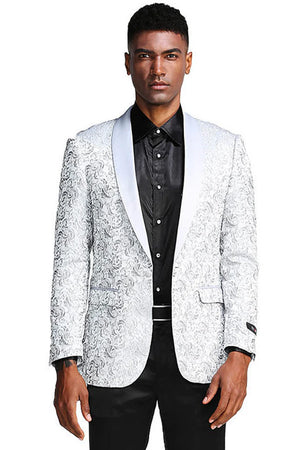 Mens Silver Grey Tonal Paisley Tuxedo Jacket  Slim Fit Wedding & Prom Blazer
