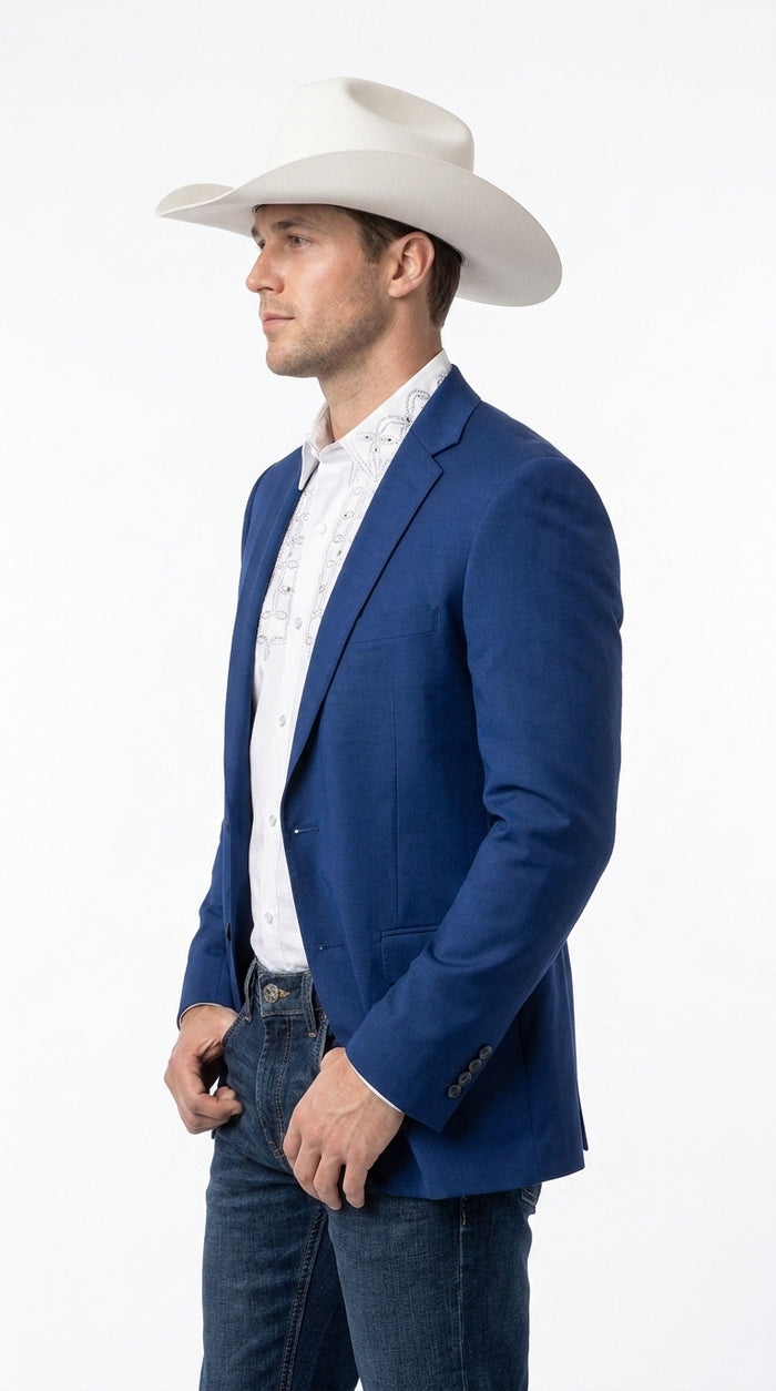 Men’s Dark Royal Blue Western Blazer – Cowboy Sport Coat Jacket with Two-Button Front Saphire Indigo Cobalt Blue