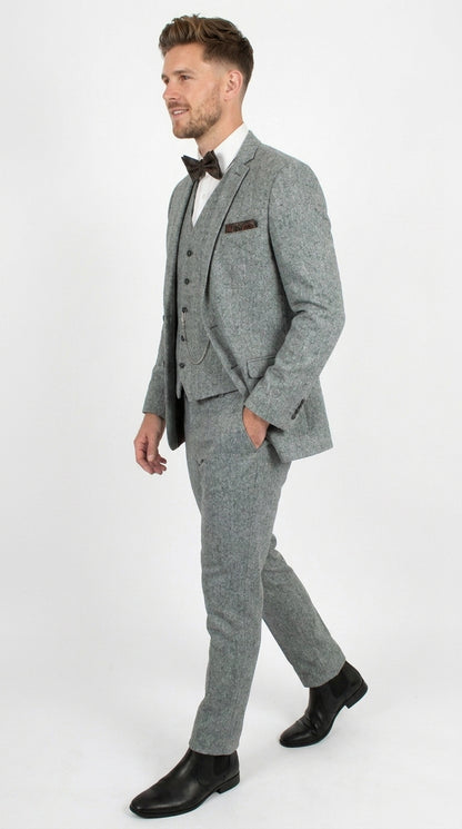 Men’s Grey Edwardian 3 Piece Suit – Vintage Victorian Wedding Suit with Vest Herringbone Tweed Fabric