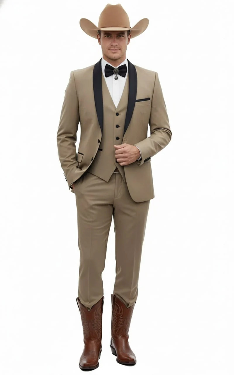 Men’s Western Cowboy Suit – 3-Piece Tan Tuxedo with Black Lapel, Beige Vest & Pants