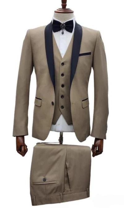 Men’s Western Cowboy Suit – 3-Piece Tan Tuxedo with Black Lapel, Beige Vest & Pants