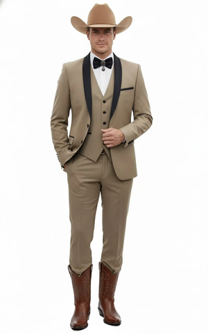 Men’s Western Cowboy Suit – 3-Piece Tan Tuxedo with Black Lapel, Beige Vest & Pants