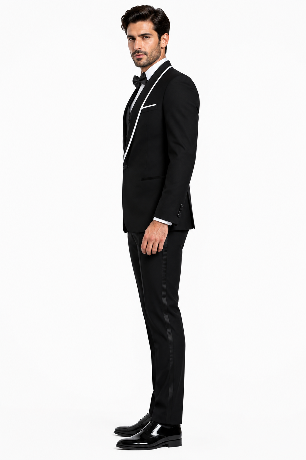 3-Piece Tailored Fit Wool Suit with Bow Tie and Flat Front Pants - Black