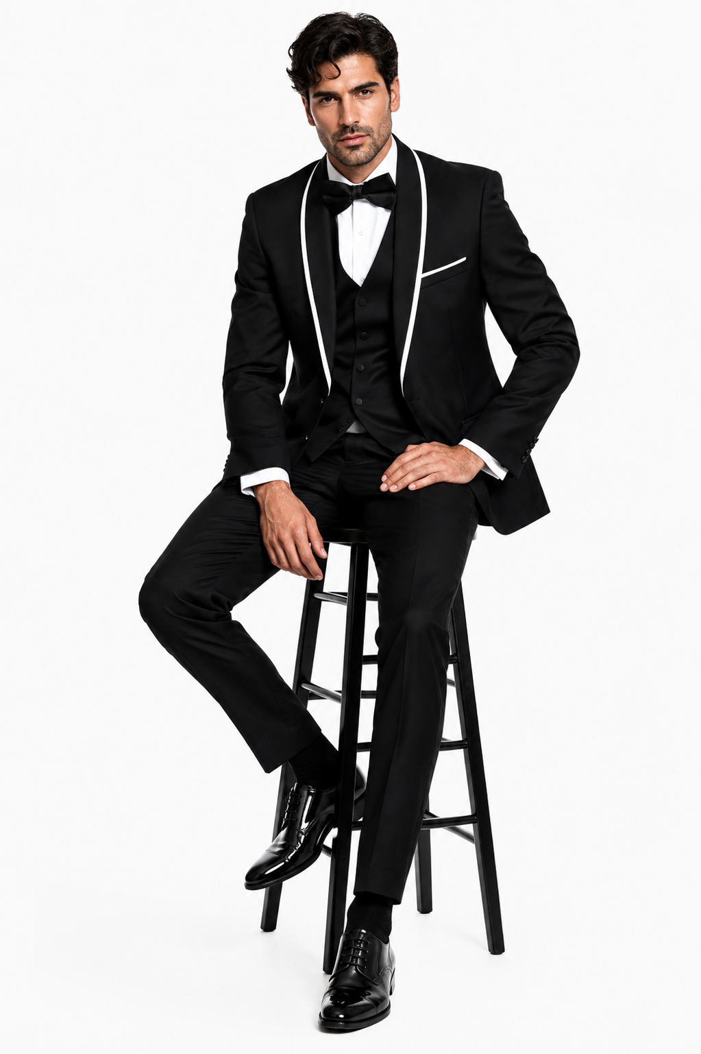 3-Piece Tailored Fit Wool Suit with Bow Tie and Flat Front Pants - Black
