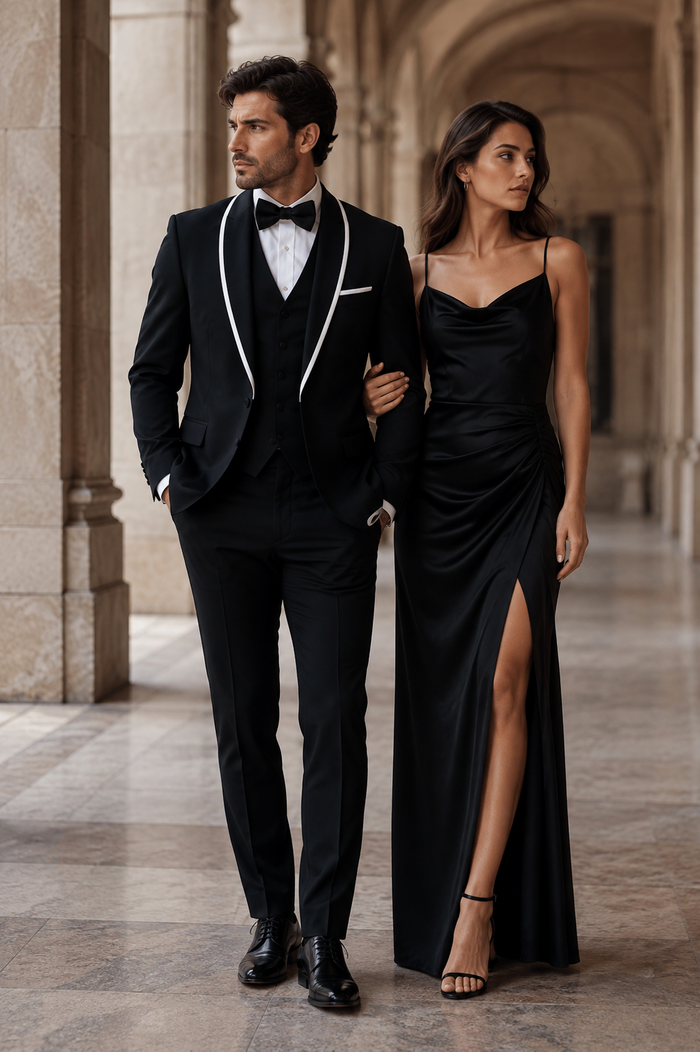 3-Piece Tailored Fit Wool Suit with Bow Tie and Flat Front Pants - Black