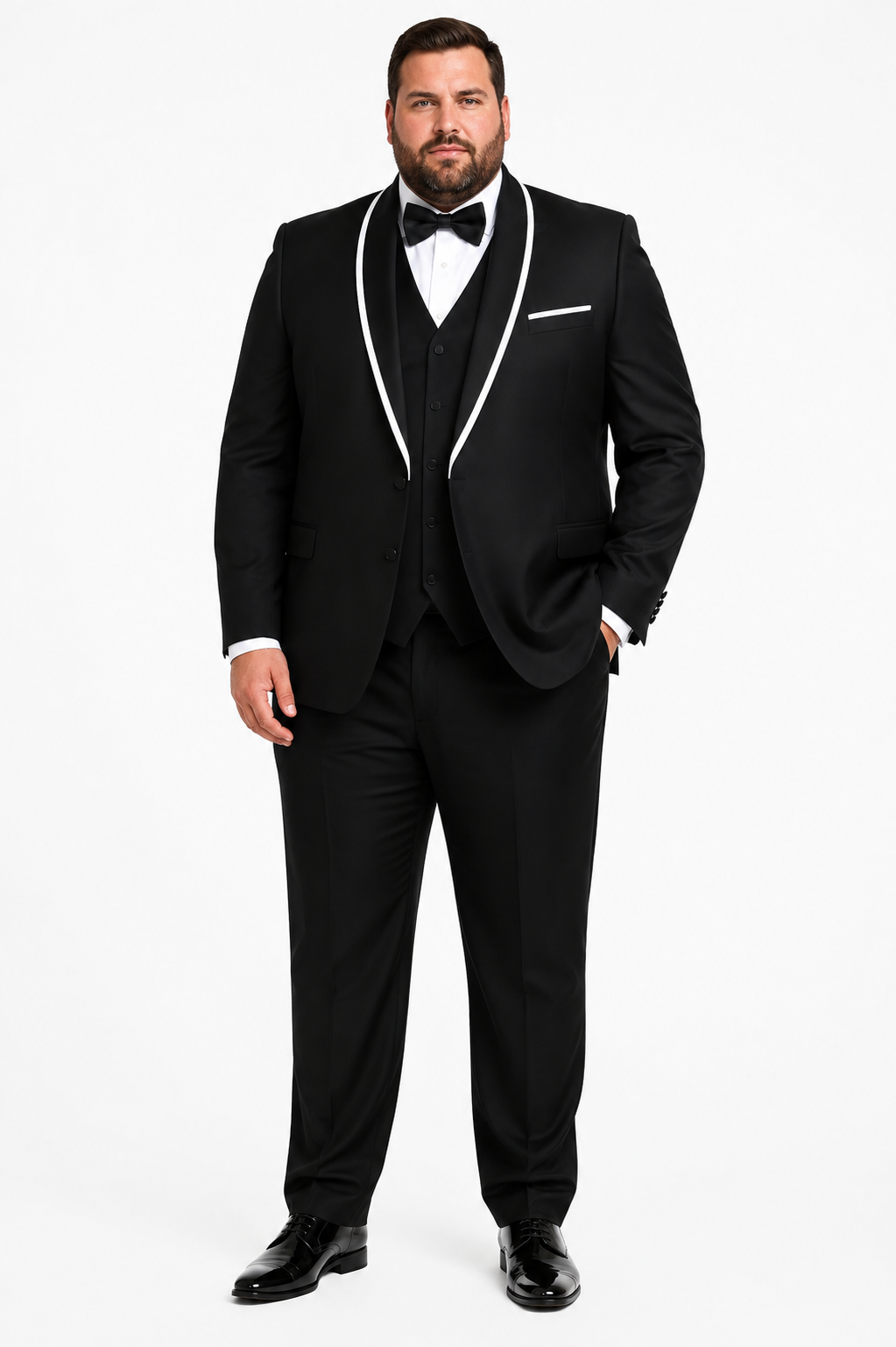 3-Piece Tailored Fit Wool Suit with Bow Tie and Flat Front Pants - Black