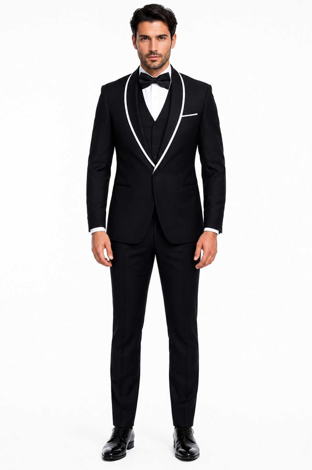 3-Piece Tailored Fit Wool Suit with Bow Tie and Flat Front Pants - Black