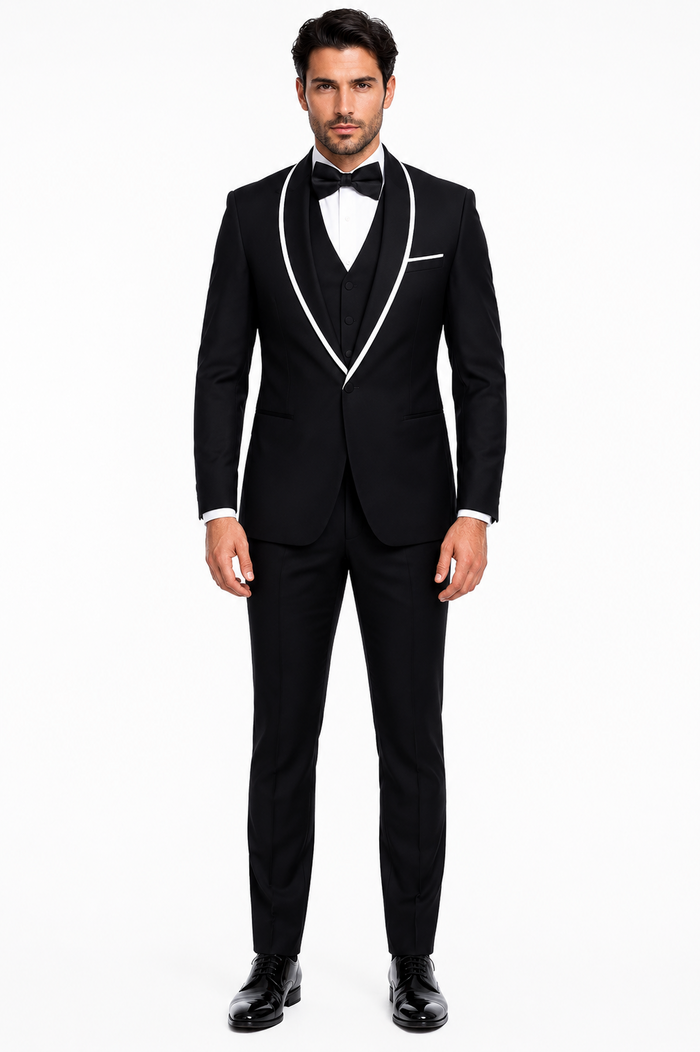 3-Piece Tailored Fit Wool Suit with Bow Tie and Flat Front Pants - Black