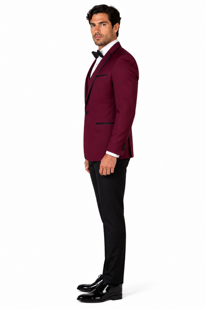 3-Piece Tailored Fit Wool Suit with Bow Tie and Flat Front Pants - Burgundy