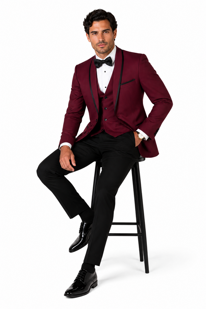 3-Piece Tailored Fit Wool Suit with Bow Tie and Flat Front Pants - Burgundy