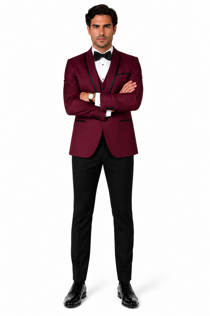 3-Piece Tailored Fit Wool Suit with Bow Tie and Flat Front Pants - Burgundy
