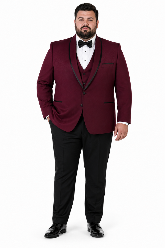 3-Piece Tailored Fit Wool Suit with Bow Tie and Flat Front Pants - Burgundy