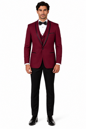 3-Piece Tailored Fit Wool Suit with Bow Tie and Flat Front Pants - Burgundy