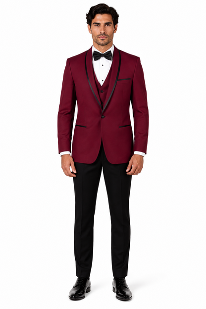 3-Piece Tailored Fit Wool Suit with Bow Tie and Flat Front Pants - Burgundy