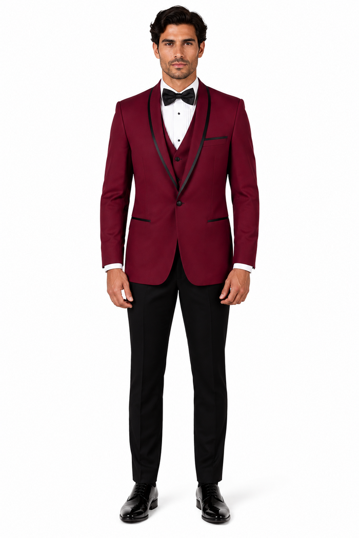3-Piece Tailored Fit Wool Suit with Bow Tie and Flat Front Pants - Burgundy