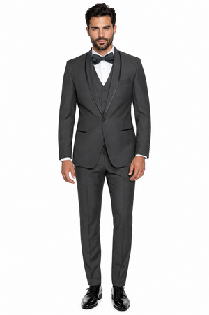 3-Piece Tailored Fit Wool Suit with Bow Tie and Flat Front Pants - Charcoal