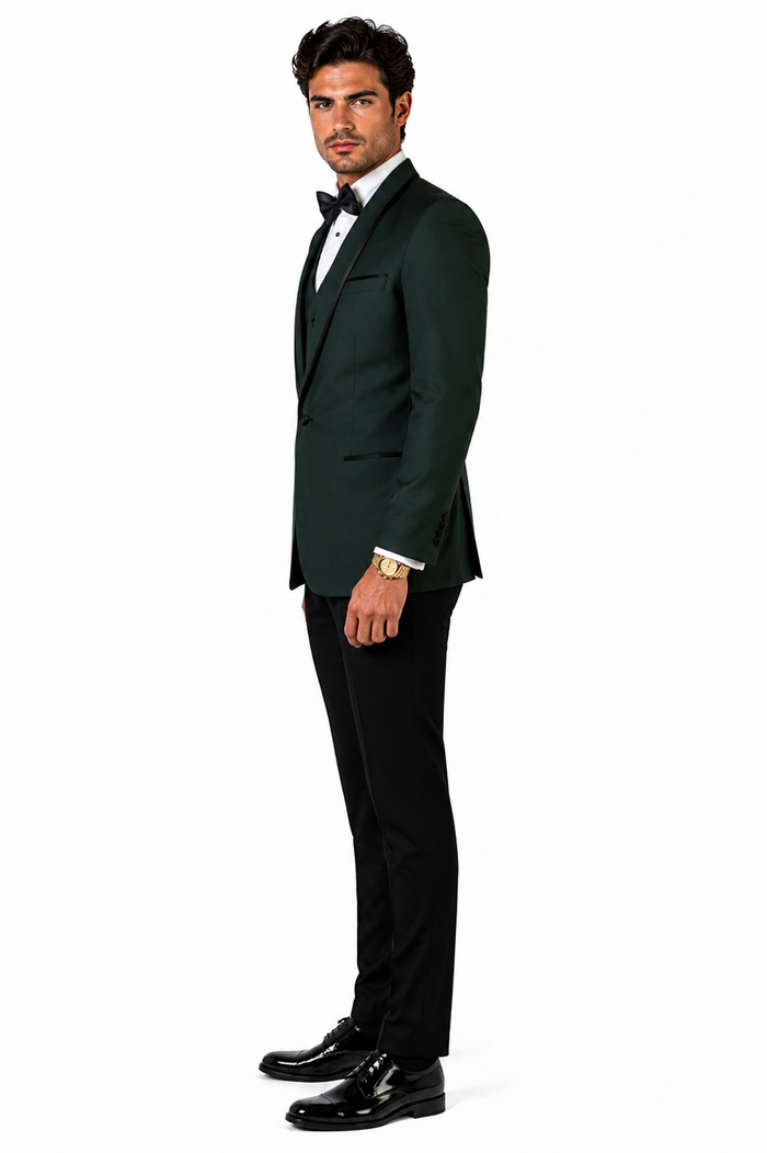 3-Piece Tailored Fit Wool Suit with Bow Tie and Flat Front Pants - Hunter