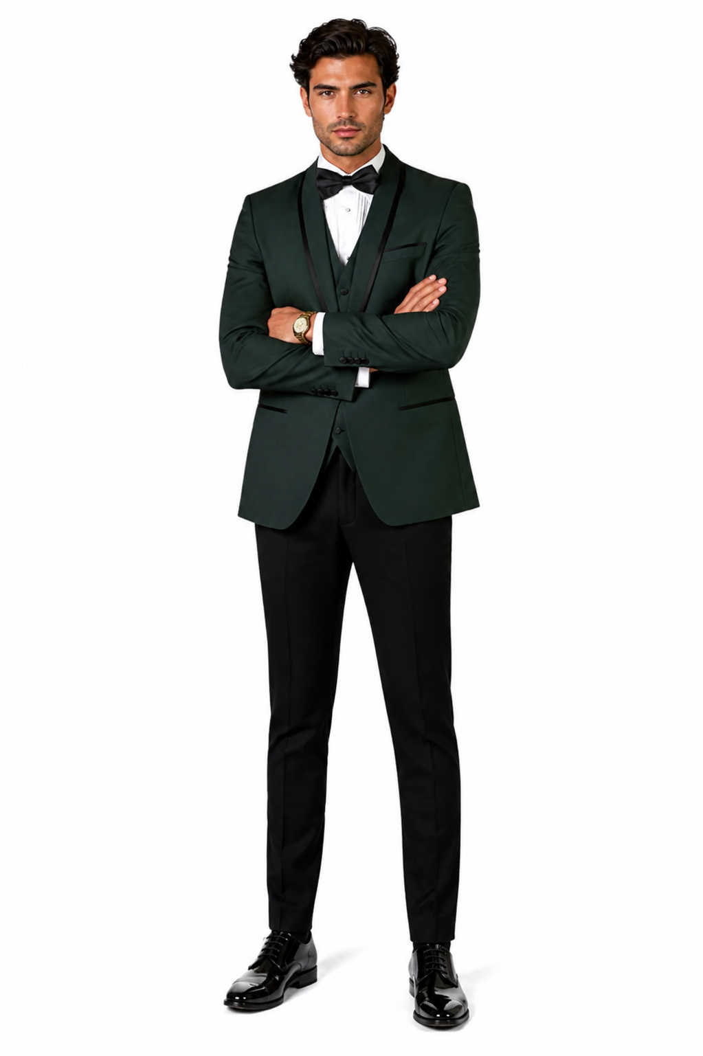 3-Piece Tailored Fit Wool Suit with Bow Tie and Flat Front Pants - Hunter