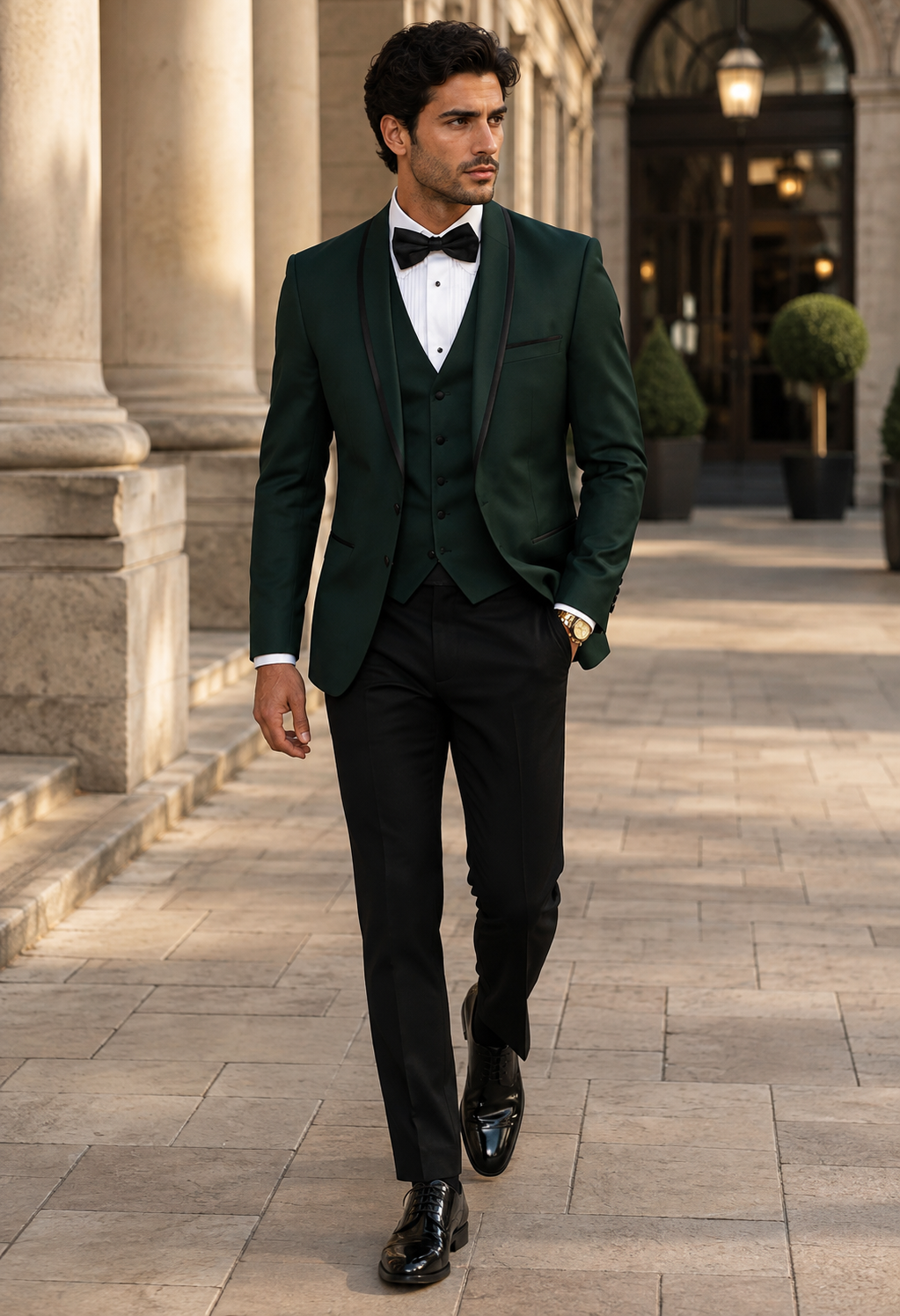 3-Piece Tailored Fit Wool Suit with Bow Tie and Flat Front Pants - Hunter