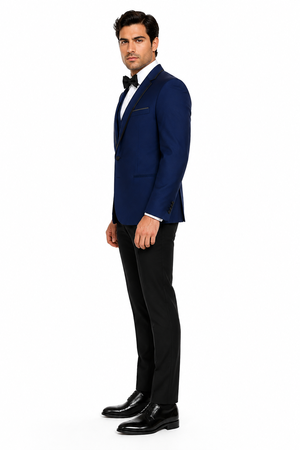 3-Piece Tailored Fit Wool Suit with Bow Tie and Flat Front Pants - Navy
