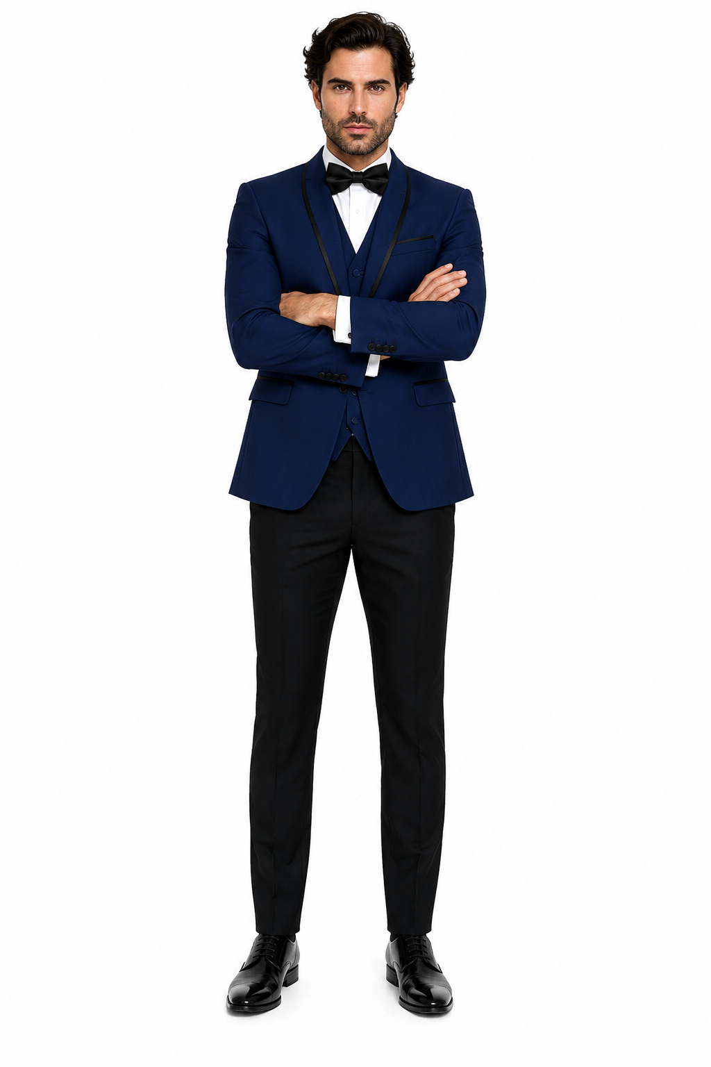 3-Piece Tailored Fit Wool Suit with Bow Tie and Flat Front Pants - Navy