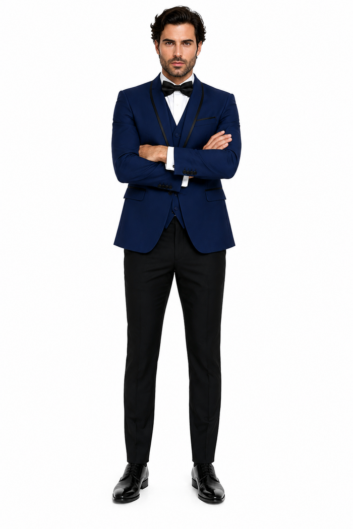3-Piece Tailored Fit Wool Suit with Bow Tie and Flat Front Pants - Navy