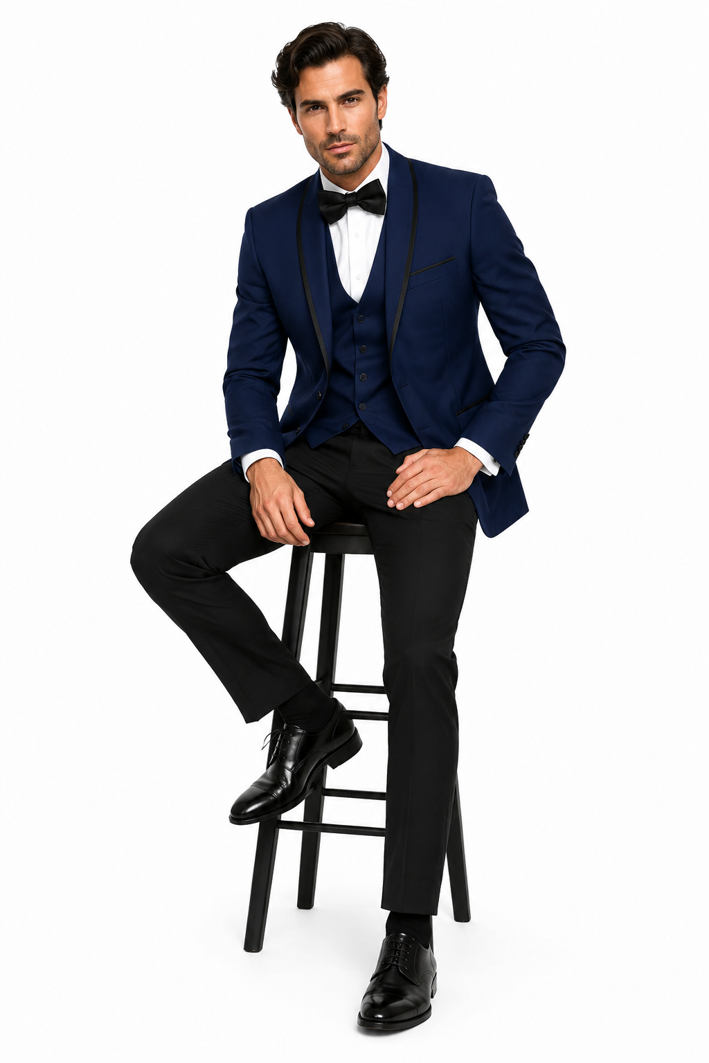 3-Piece Tailored Fit Wool Suit with Bow Tie and Flat Front Pants - Navy