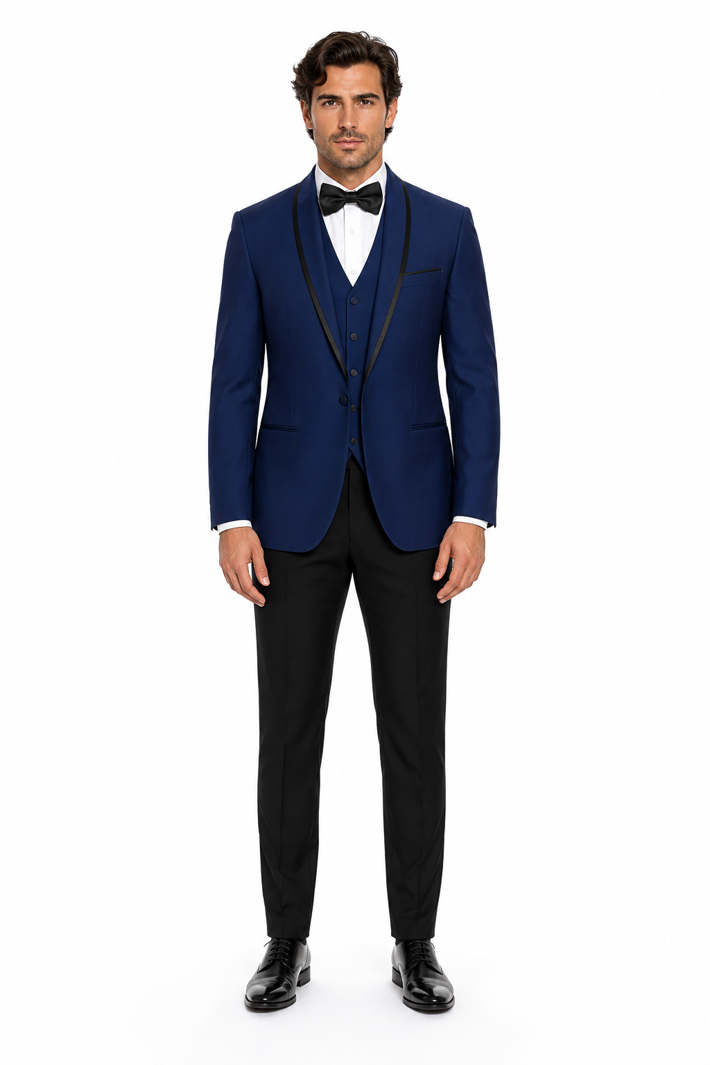 3-Piece Tailored Fit Wool Suit with Bow Tie and Flat Front Pants - Navy