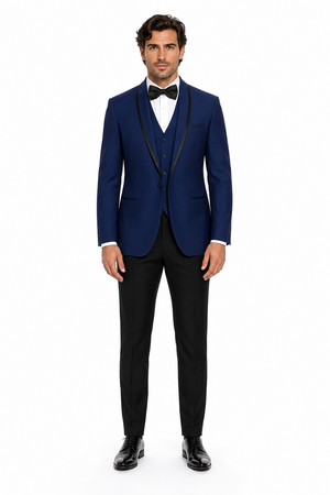 3-Piece Tailored Fit Wool Suit with Bow Tie and Flat Front Pants - Navy