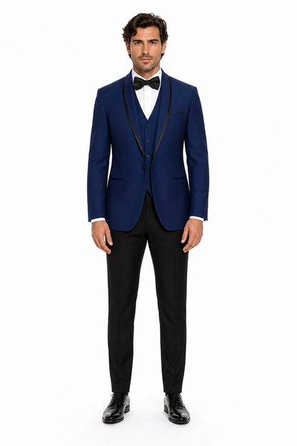 3-Piece Tailored Fit Wool Suit with Bow Tie and Flat Front Pants - Navy
