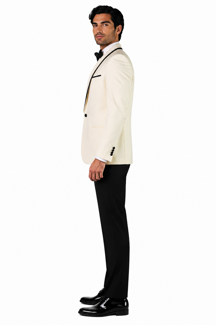 3-Piece Tailored Fit Wool Suit with Bow Tie and Flat Front Pants - Off White
