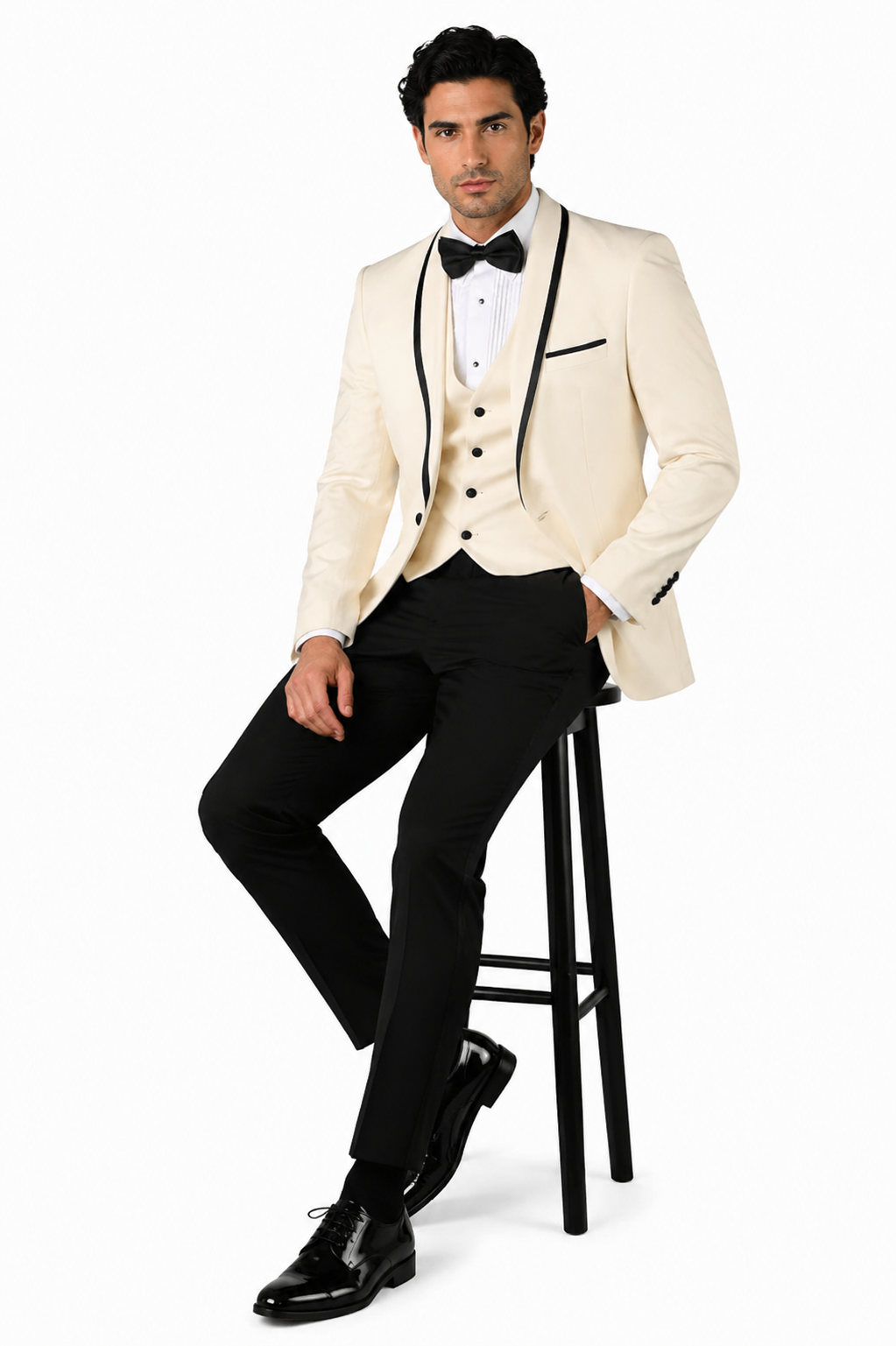 3-Piece Tailored Fit Wool Suit with Bow Tie and Flat Front Pants - Off White