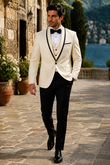 3-Piece Tailored Fit Wool Suit with Bow Tie and Flat Front Pants - Off White