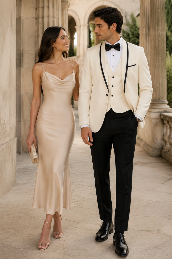 3-Piece Tailored Fit Wool Suit with Bow Tie and Flat Front Pants - Off White