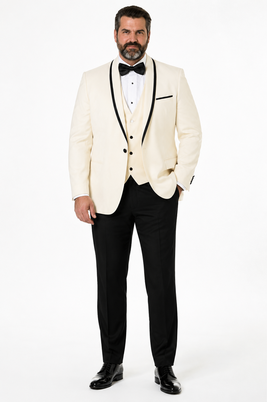 3-Piece Tailored Fit Wool Suit with Bow Tie and Flat Front Pants - Off White
