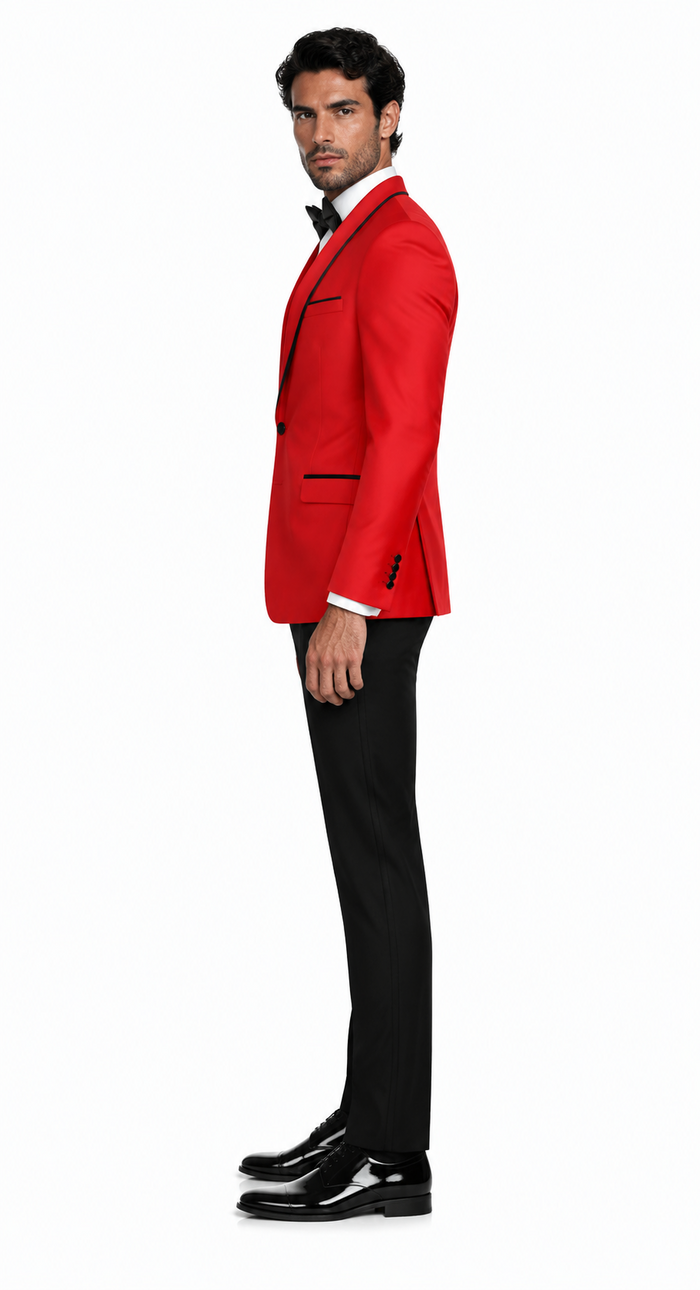 3-Piece Tailored Fit Wool Suit with Bow Tie and Flat Front Pants - Red