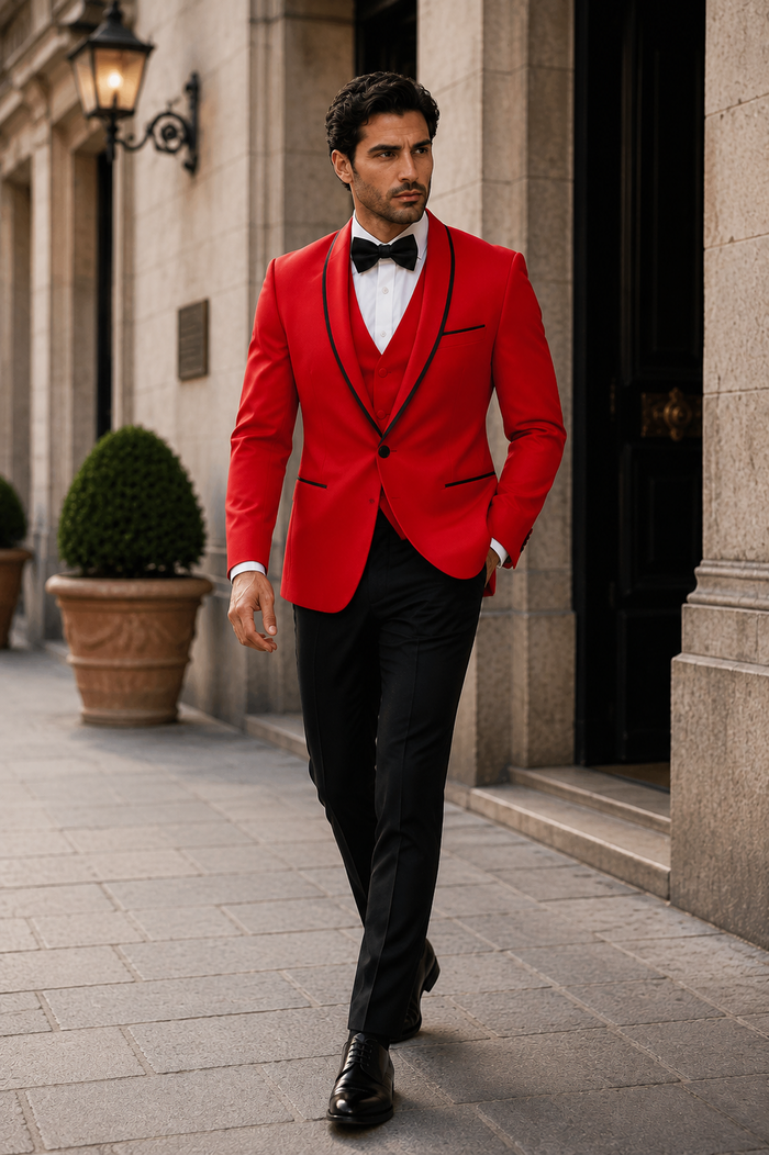 3-Piece Tailored Fit Wool Suit with Bow Tie and Flat Front Pants - Red