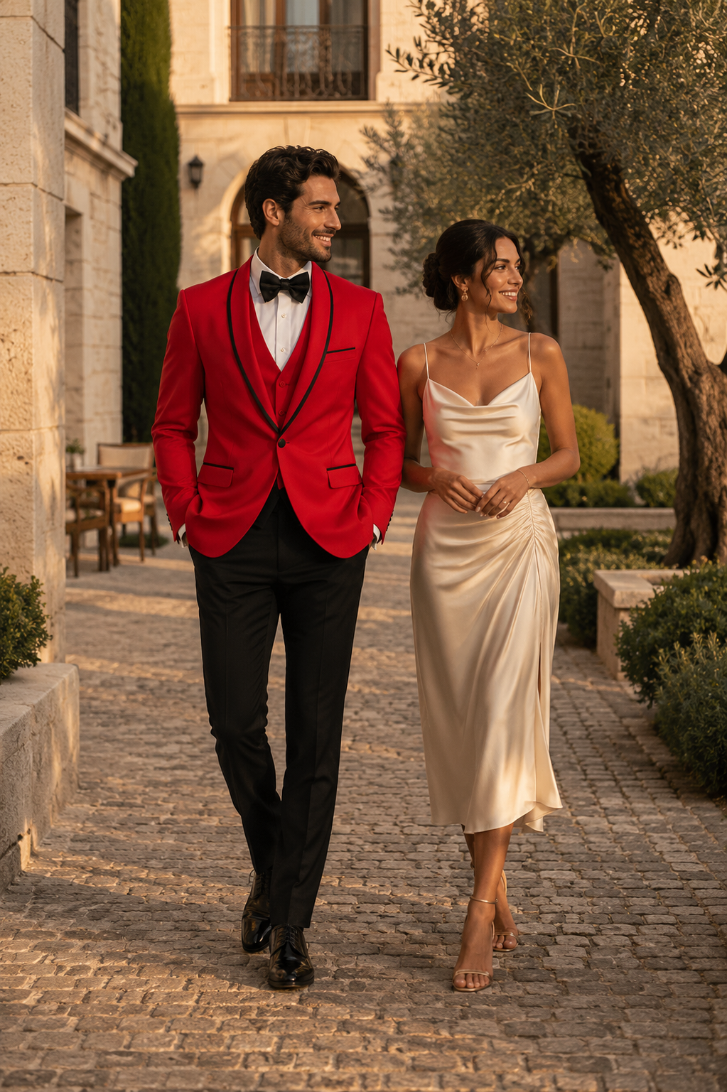 3-Piece Tailored Fit Wool Suit with Bow Tie and Flat Front Pants - Red