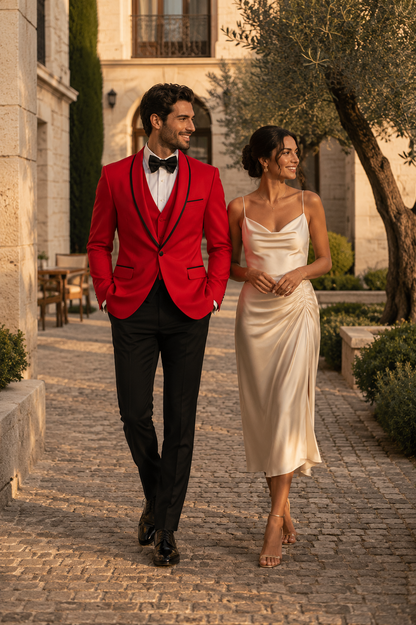 3-Piece Tailored Fit Wool Suit with Bow Tie and Flat Front Pants - Red
