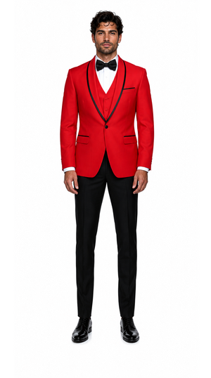 3-Piece Tailored Fit Wool Suit with Bow Tie and Flat Front Pants - Red