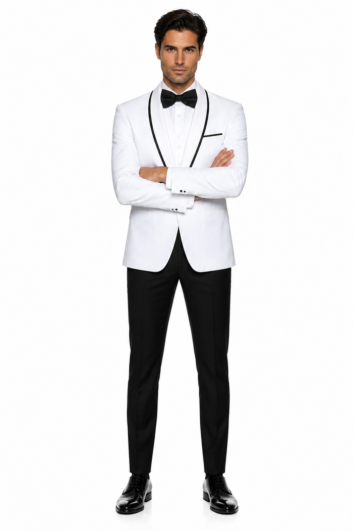 3-Piece Tailored Fit Wool Suit with Bow Tie and Flat Front Pants - White
