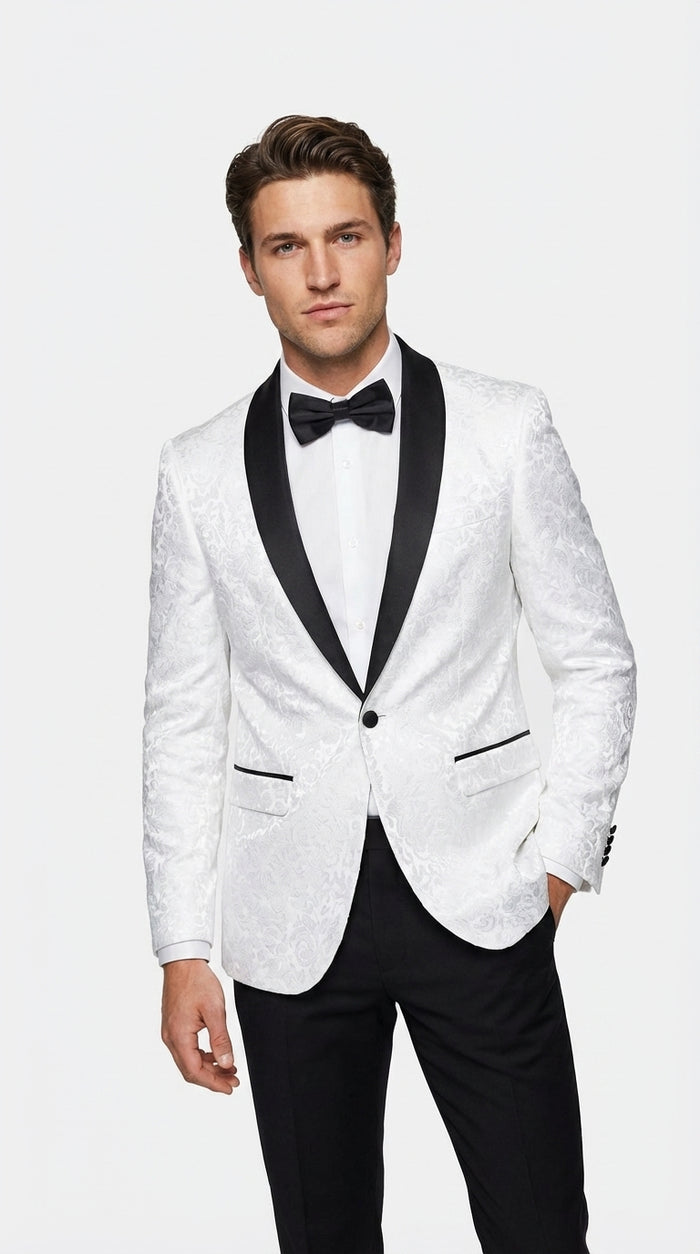 Men’s White Dinner Jacket Disco Blazer 1980s Sequin Style Jacket – Black Lapel Party Blazer, Formal Masquerade Club Wear Paisley Fabric + Bowtie