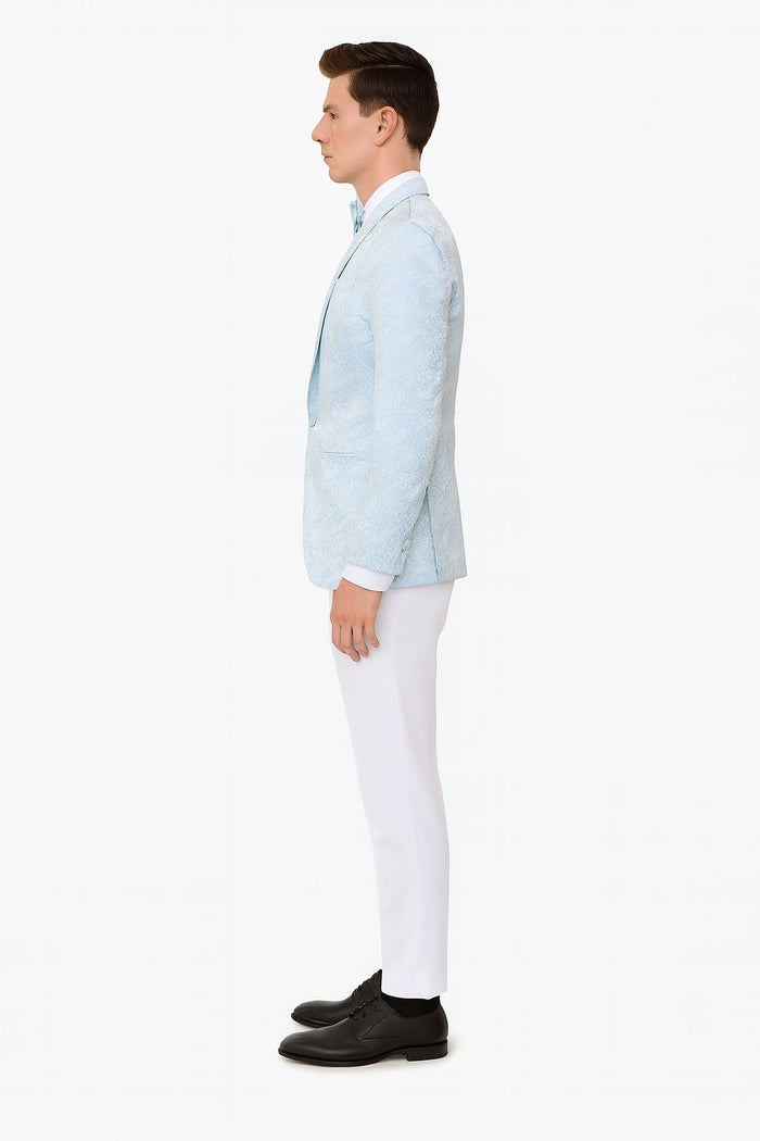 Mens Light Blue Paisley Tuxedo Jacket with Matching Bow Tie  Slim Fit Blazer for Weddings, Prom, and Formal Events