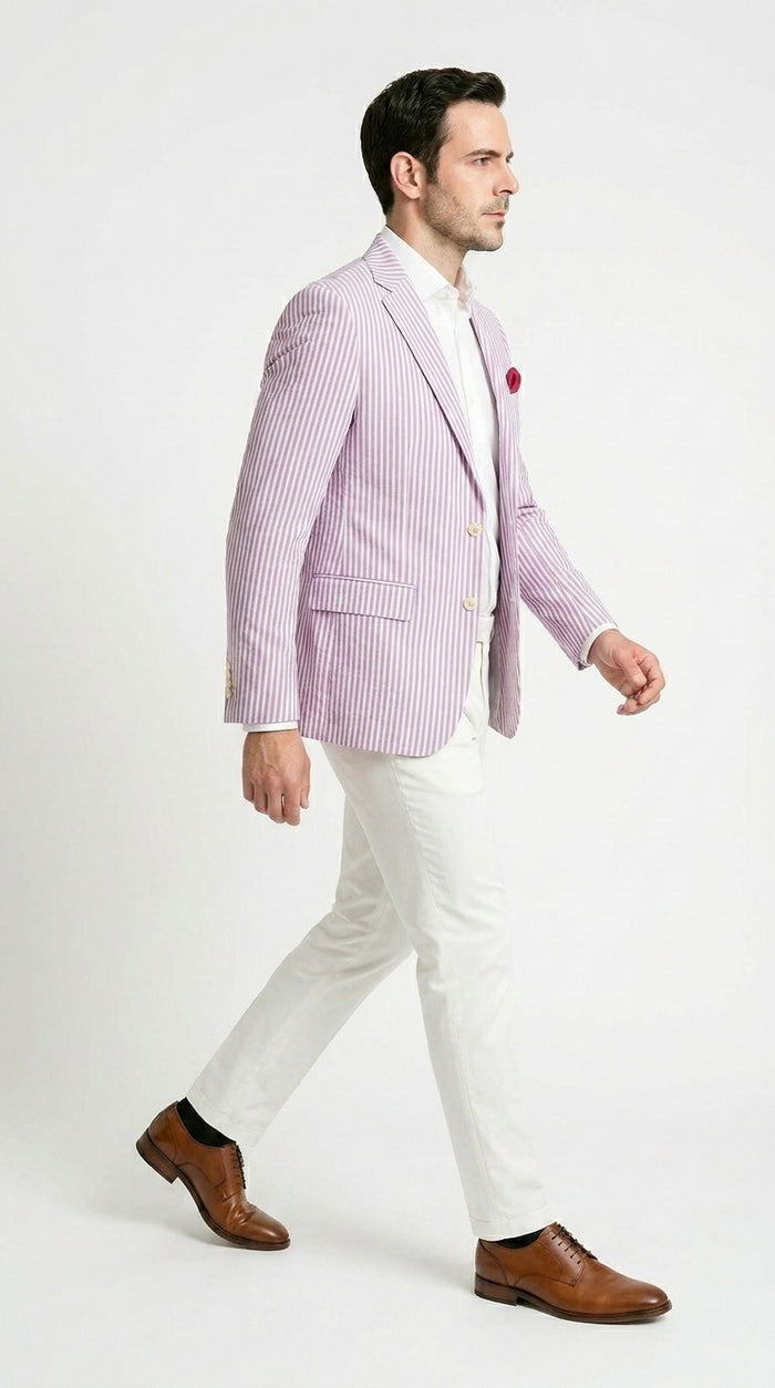 Men's Italian Lavender Seersucker Blazer Lightweight Summer Striped Suit Jacket