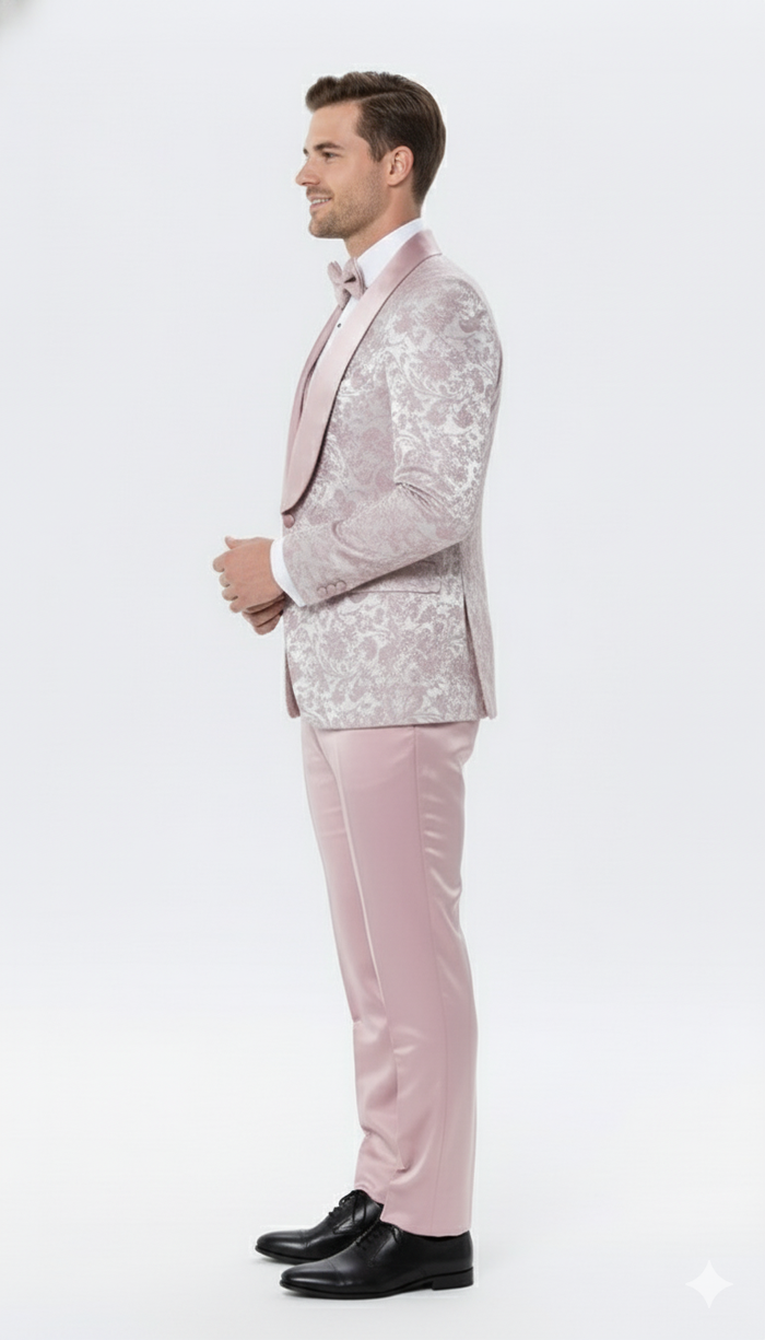 Mens Light Pink Dusty Rose -  Floral Tuxedo Suit  Luxury Satin Shawl Lapel 3-Piece Formal Wedding and Prom Suit in Blush Mauve color
