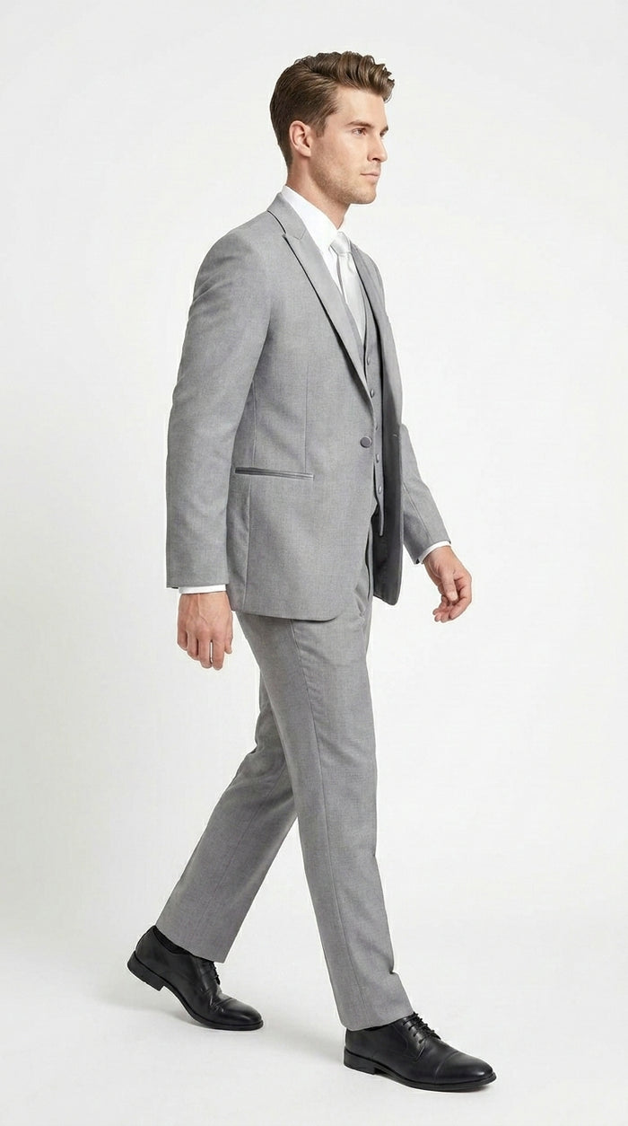 Men’s Light Grey Vested Tuxedo with One Button Jacket, Peak Lapel and Matching Pants
