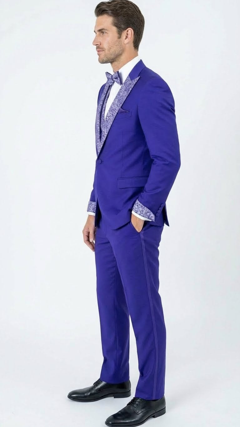 Mens Purple and white sivler lapel  Embellished Tuxedo Suit   Formal Wedding, Prom, and Gala Outfit Mardi Gras