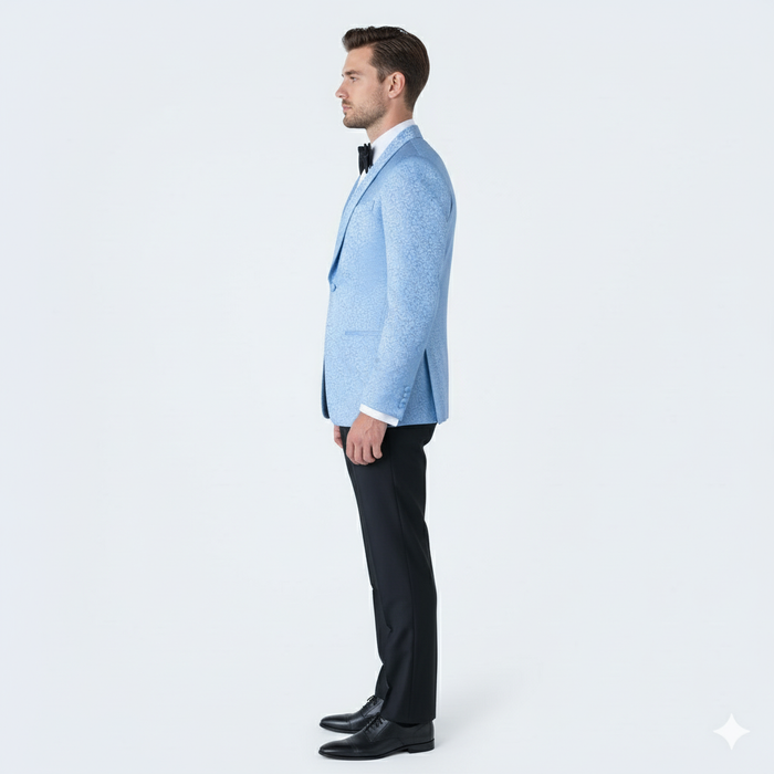Mens Light Blue Paisley Tuxedo Jacket  Elegant Satin Shawl Lapel Dinner Blazer for Weddings, Proms in Sky Powder Blue Color Bowtie