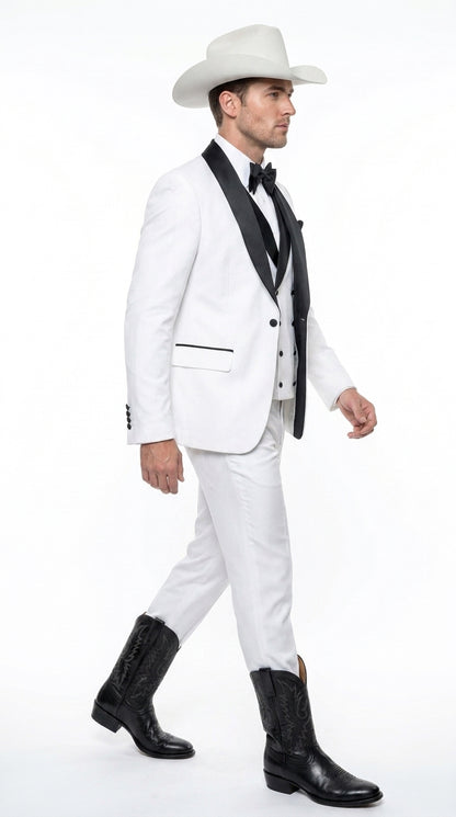 Men’s White and Black Western Wedding Tuxedo – Cowboy Style 3-Piece Traje para Boda with Double-Breasted Vest