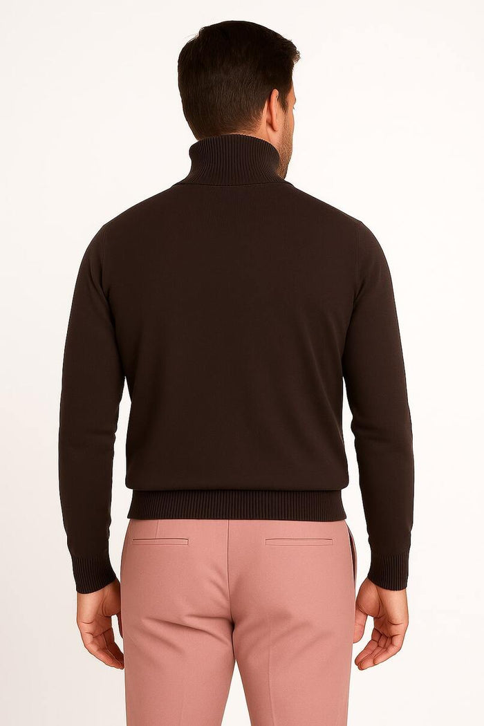 Men's Brown Turtleneck Sweater  Classic Slim Fit Knit Pullover for Fall and Winter